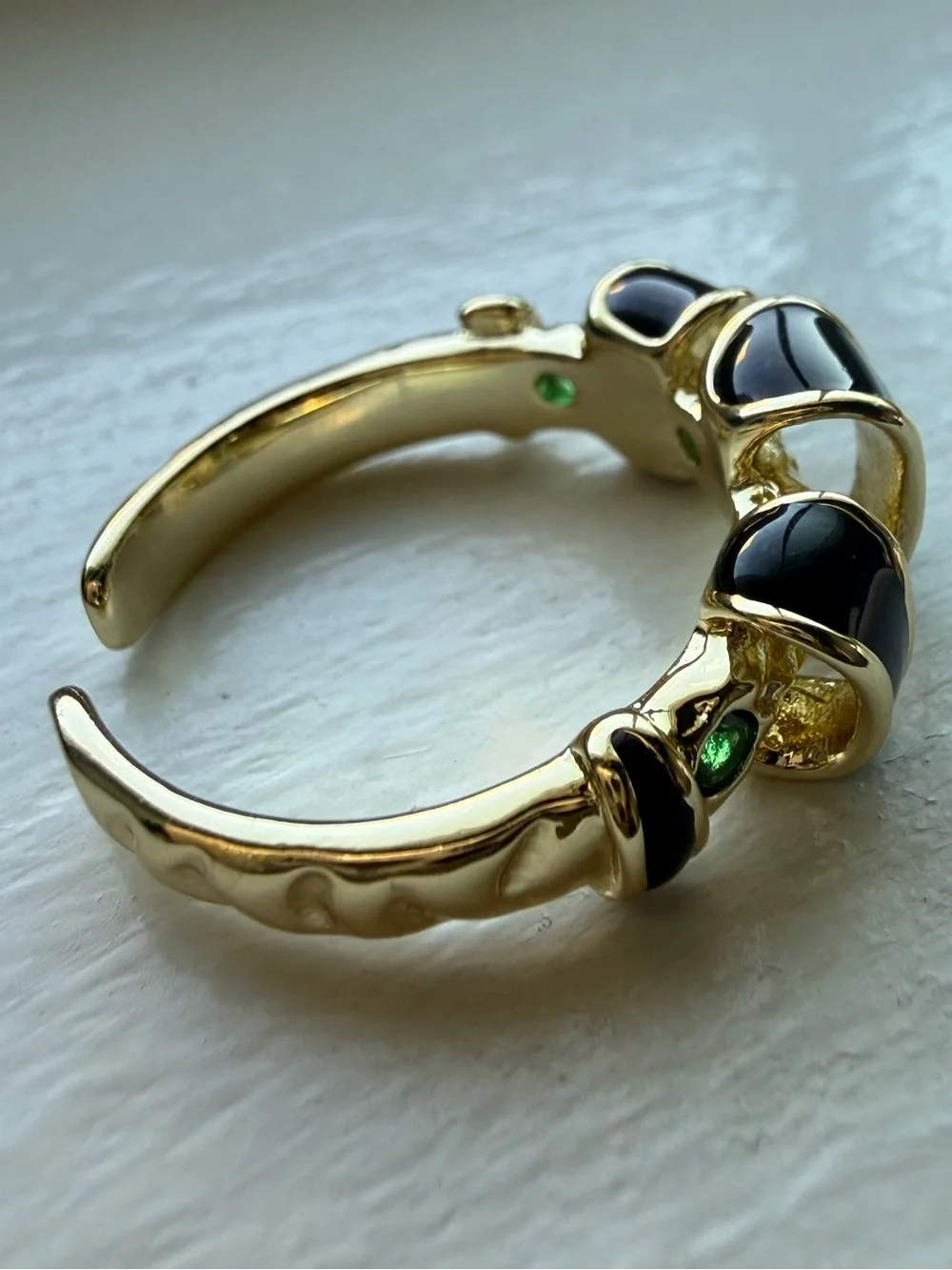NEW! 18k Yellow Gold Plated & Black Enamel and Green Stone Women's Ring